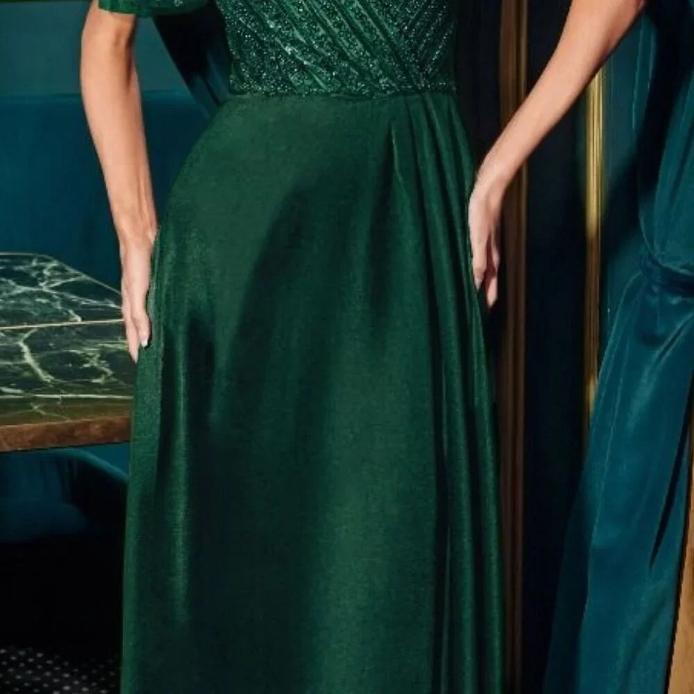New A-Line Sequins Embellished Beaded Satin Dress w/ Butterfly Sleeves CD CC447 - Picture 5 of 6